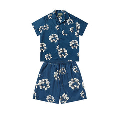 Denim Tears Navy Blue Floral Wreath Print Camp Collar Shirt & Drawstring Shorts