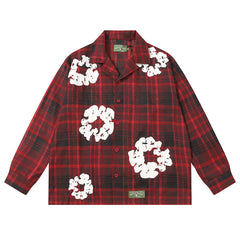 Denim Tears Red and black checkered white wreath printed loose long-sleeved shirt