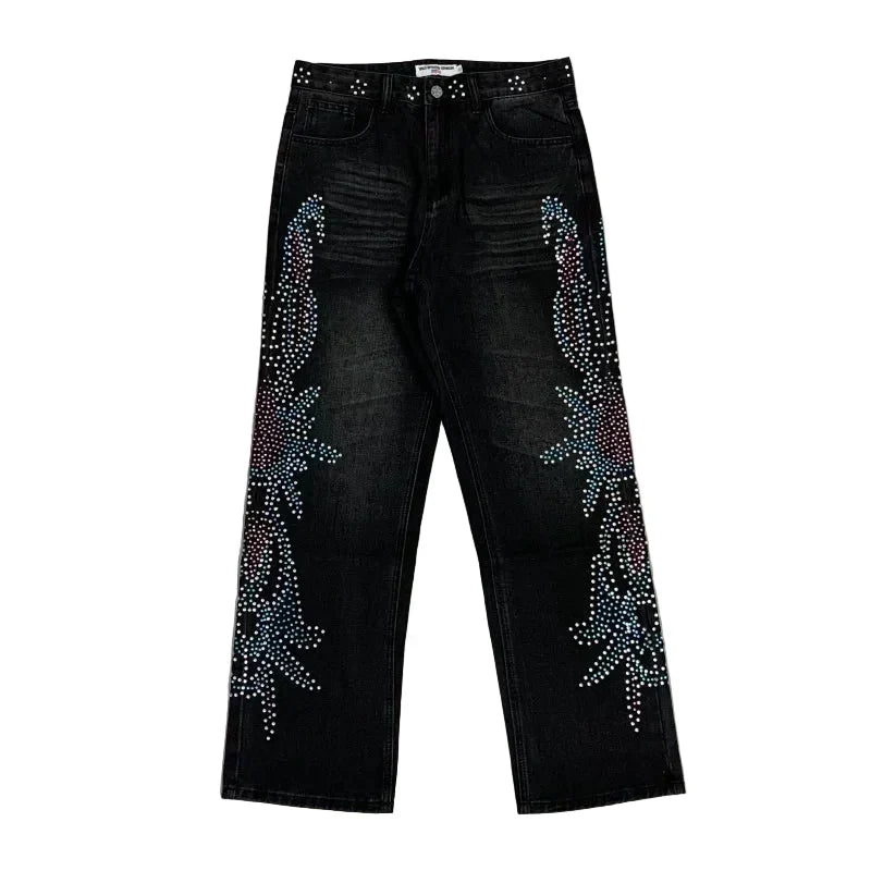 Vale Forever Rhinestone Floral Pattern Oversized Black Denim Jeans