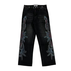 Vale Forever Rhinestone Floral Pattern Oversized Black Denim Jeans