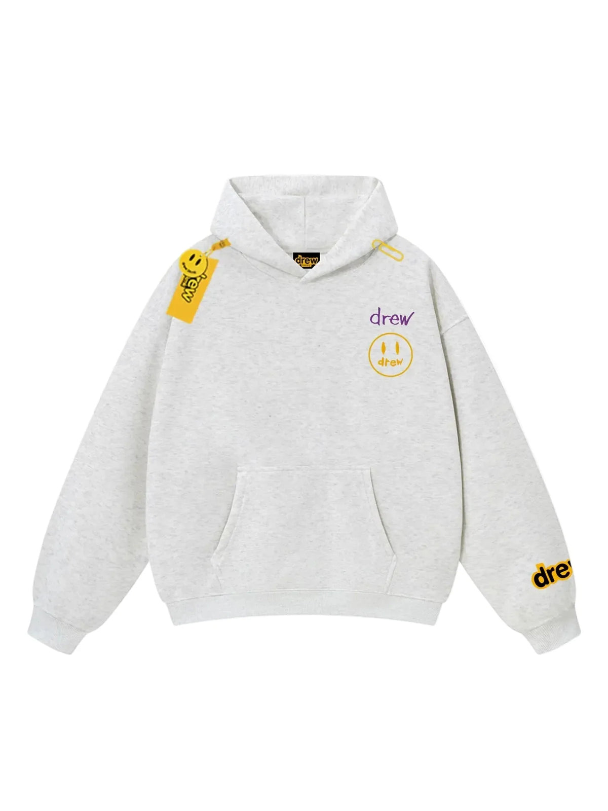 Drew Light Grey Smiley Graphic Relaxed-Fit Fleece Hoodie
