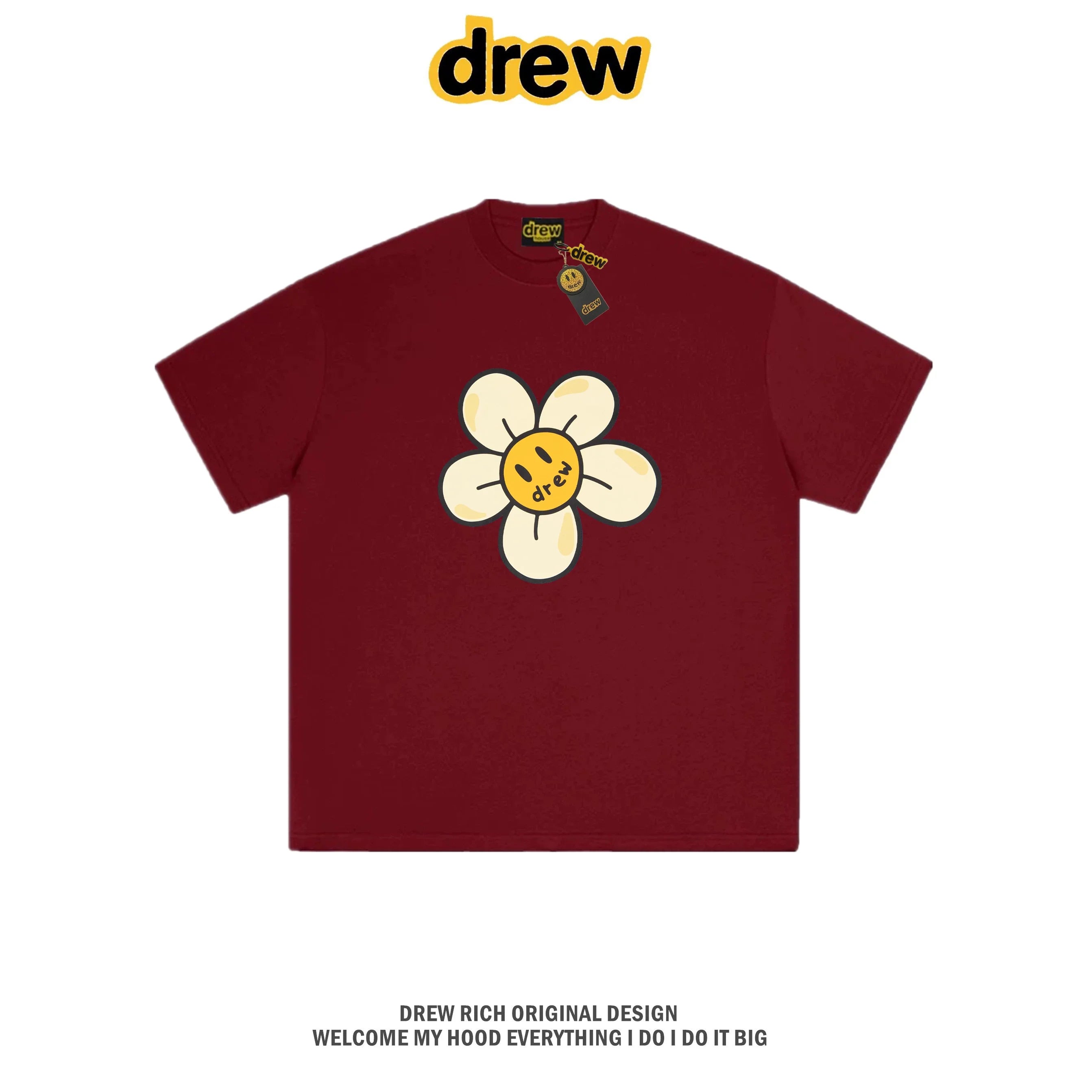 Drew House Daisy Smiley Graphic Oversized Cotton T-Shirt, Burgundy
