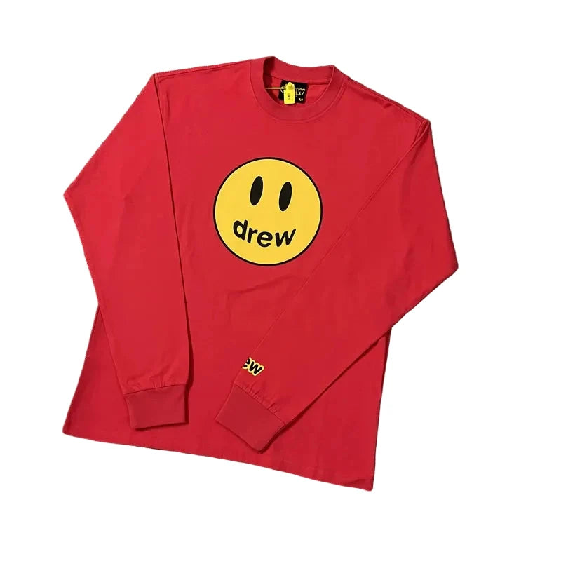 Drew Red Smiley Graphic Relaxed-Fit Long-Sleeve T-Shirt
