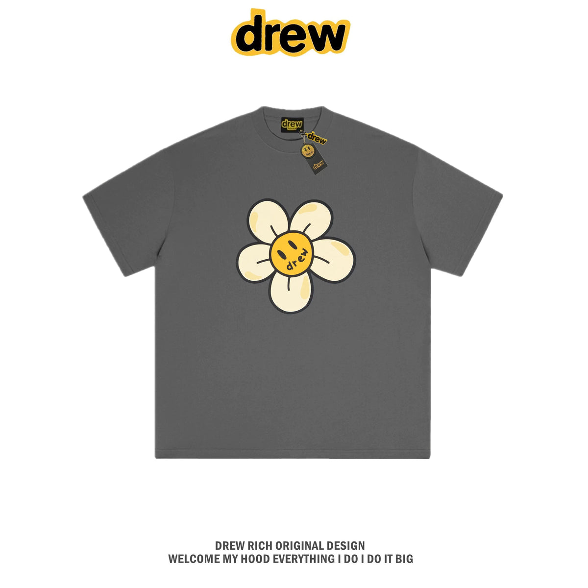 Drew House Daisy Smiley Graphic Oversized Cotton T-Shirt, Charcoal Grey