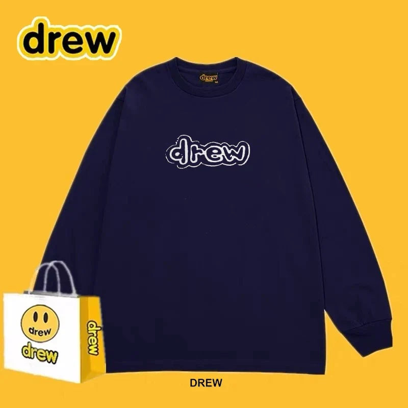 Drew Navy Outline Logo Relaxed-Fit Long-Sleeve Top