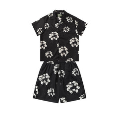 Denim Tears Black White Floral Wreath Print Camp Collar Shirt & Drawstring Shorts
